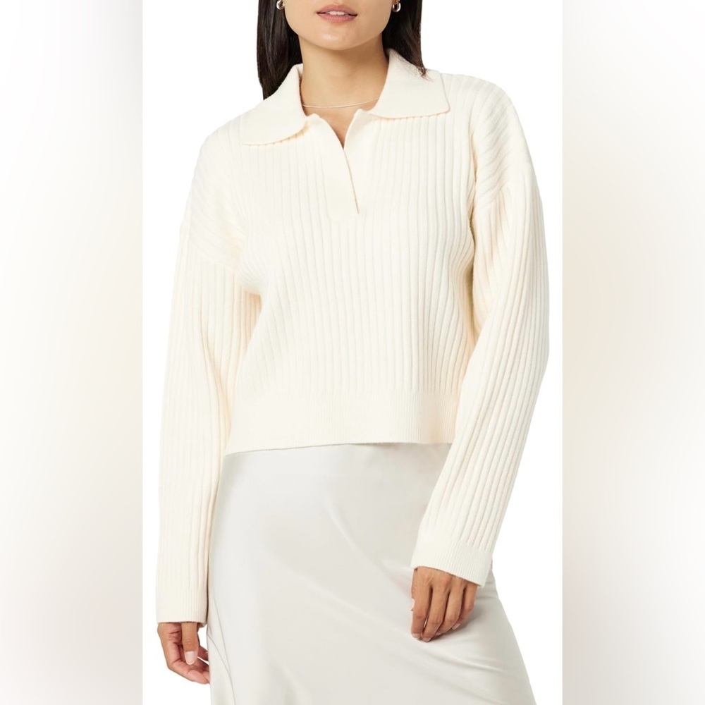 The Drop Women's Marcy Ribbed Polo Pullover Cropped V-neck Top Sweater Size XL
